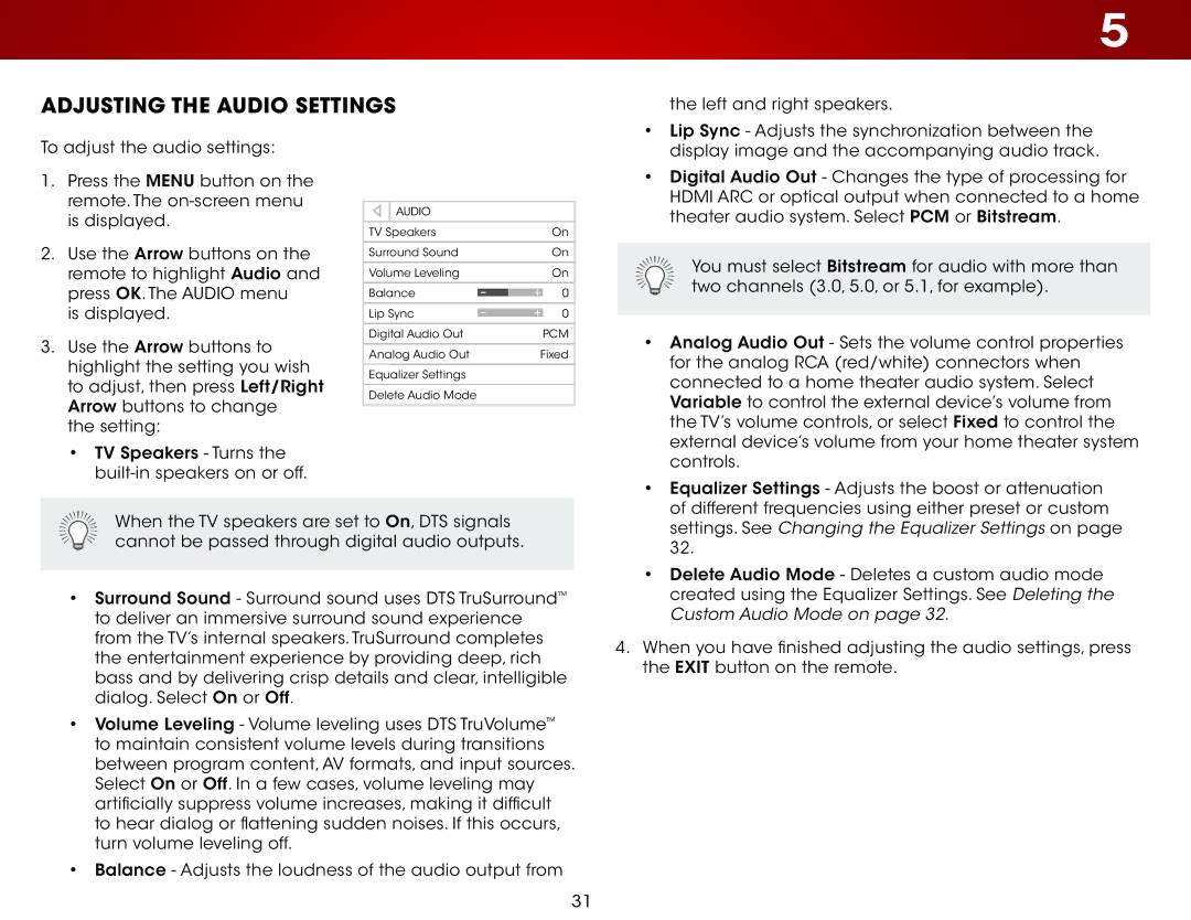 Vizio E390i-B0 user manual Adjusting the Audio Settings, Settings. See Changing the Equalizer Settings on 