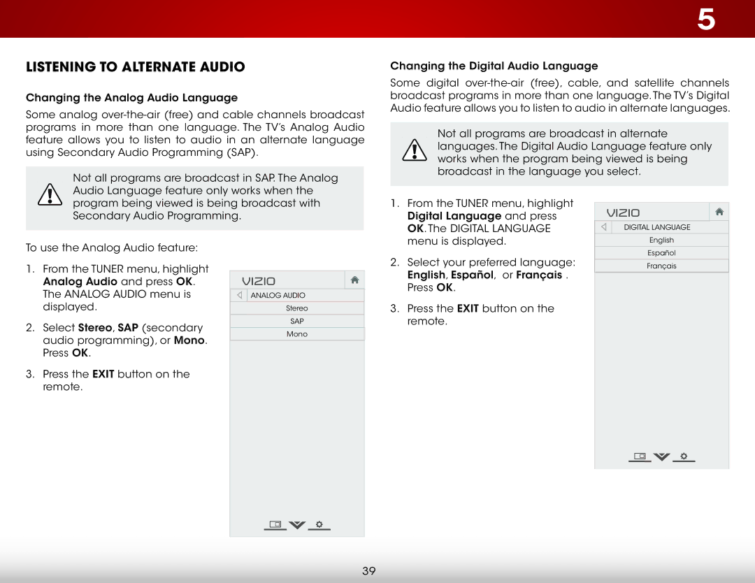 Vizio E390i-B0 user manual Listening to Alternate Audio 