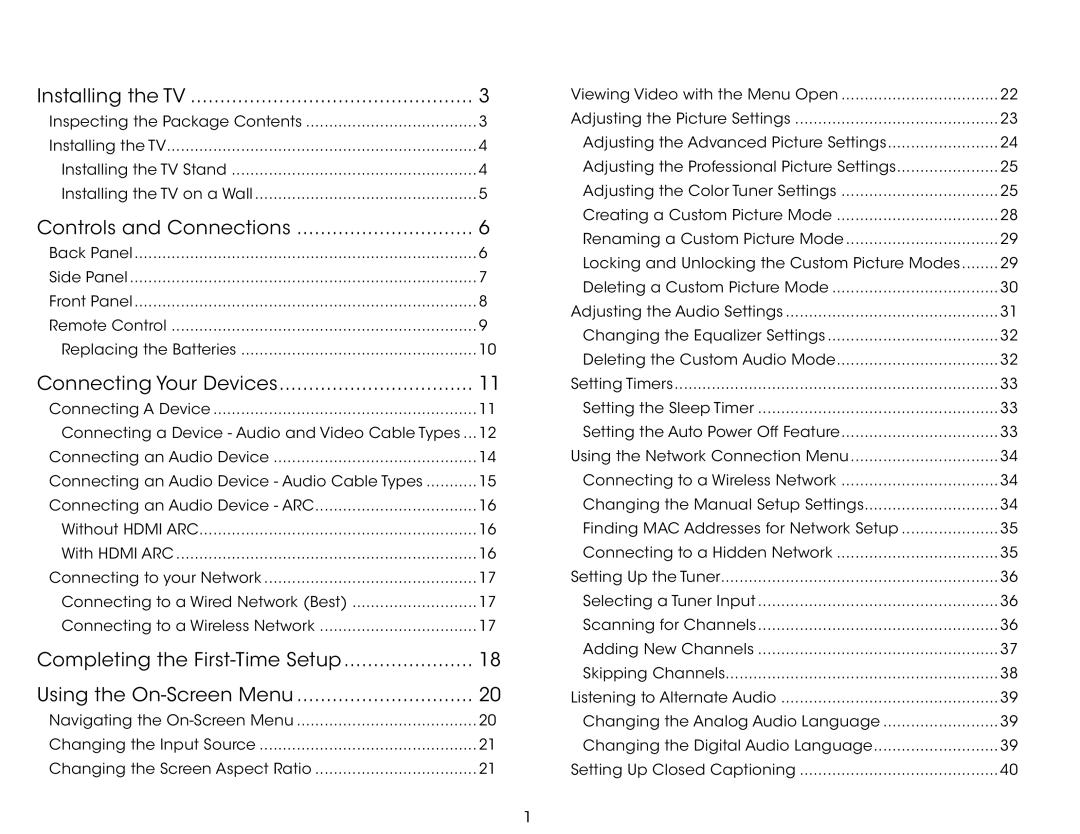 Vizio E390i-B0 user manual Table of Contents 