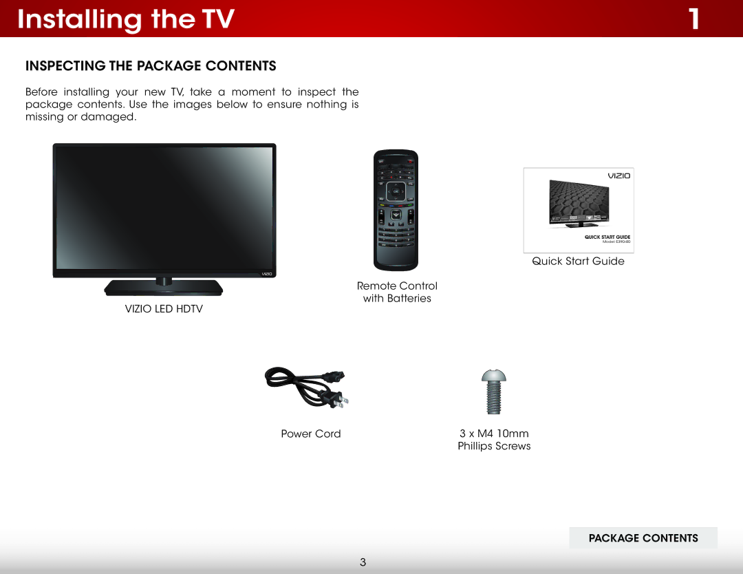 Vizio E390i-B0 user manual Installing the TV, Inspecting the Package Contents 