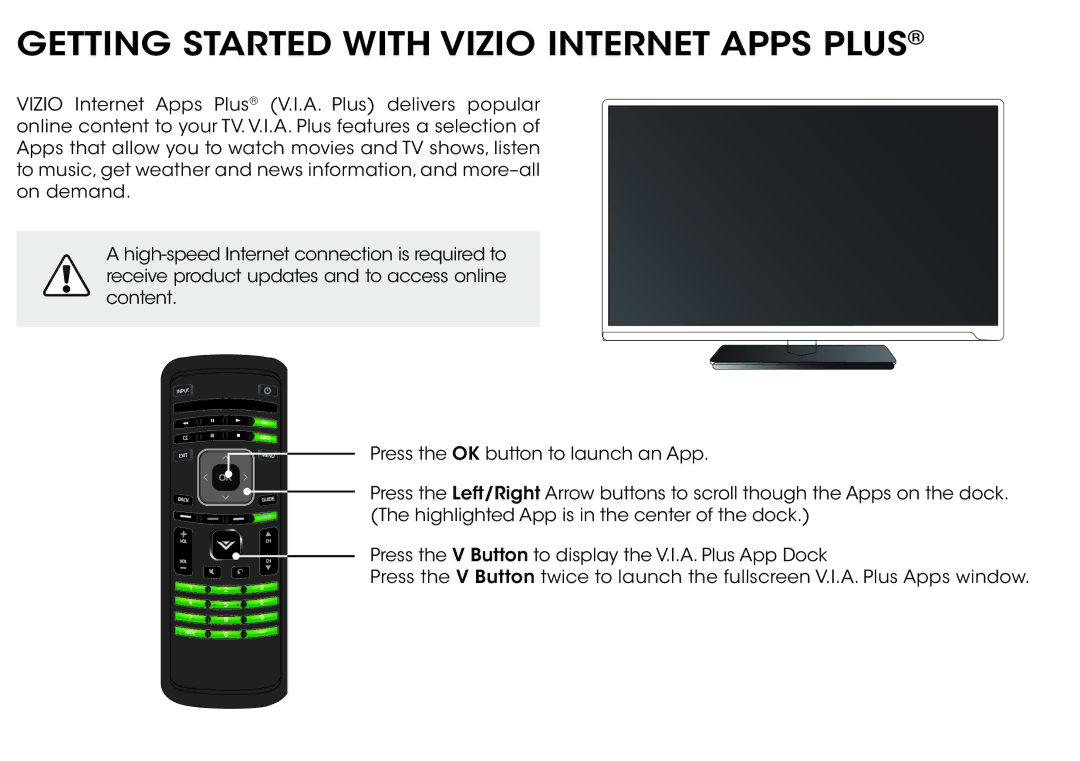 Vizio E390i-B0 manual Getting Started with Vizio Internet Apps Plus 