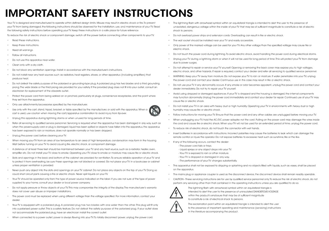 Vizio E390i-B0 manual Important safety instructions 