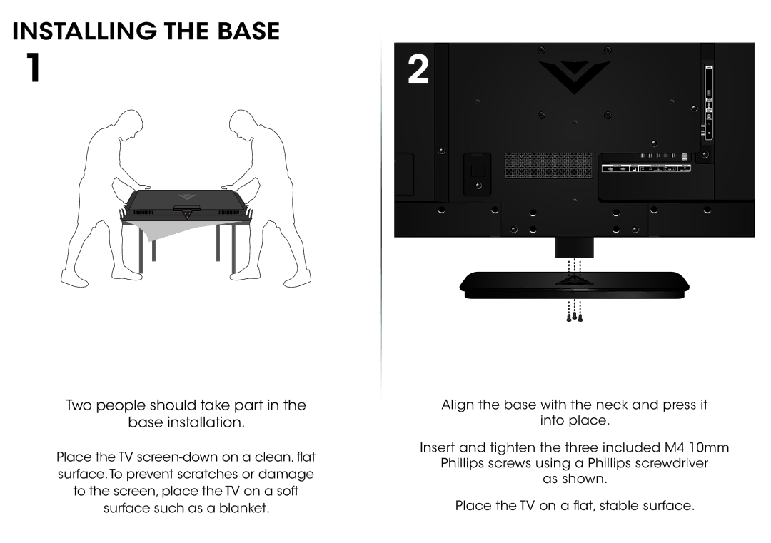 Vizio E390i-B0 manual Installing the base, Two people should take part Base installation 