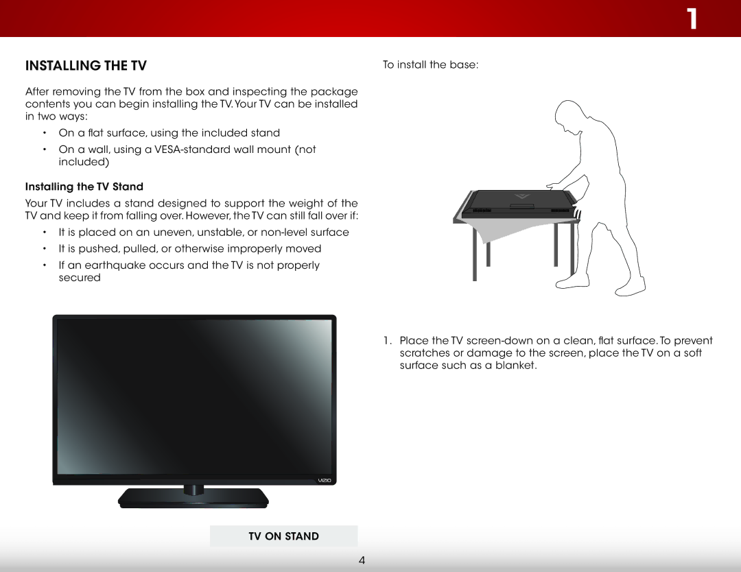 Vizio E390i-B1 user manual Installing the TV 