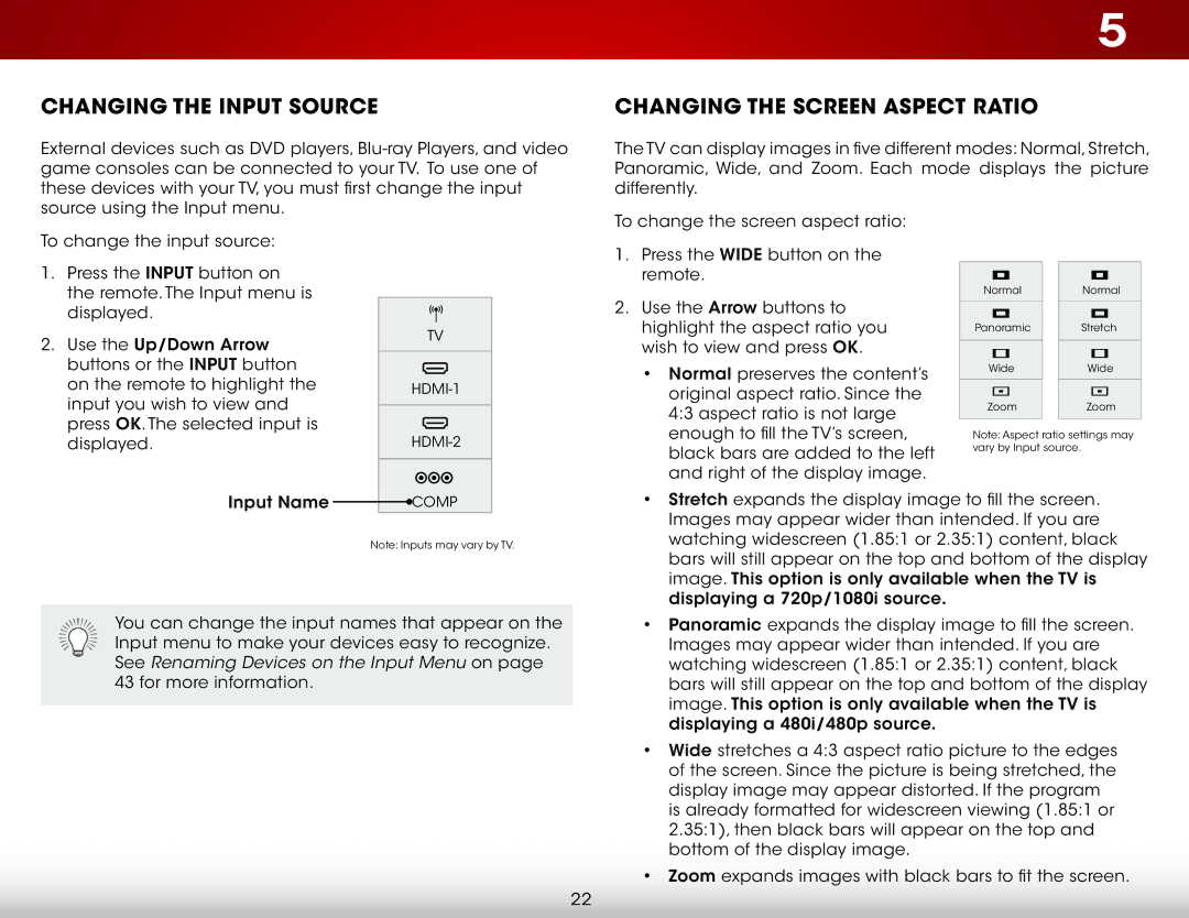 Vizio E390i-B1 user manual Changing the Input Source, Changing the Screen Aspect Ratio 