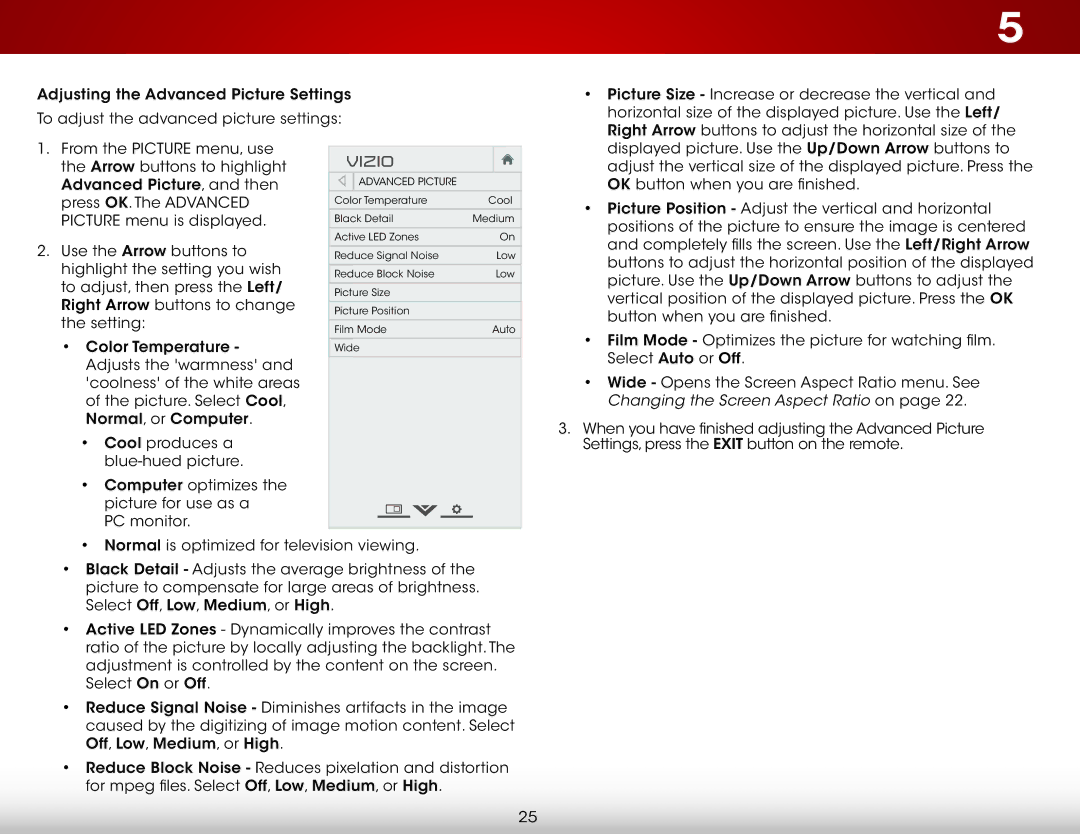 Vizio E390i-B1 user manual Arrow buttons to highlight Advanced Picture, and then 