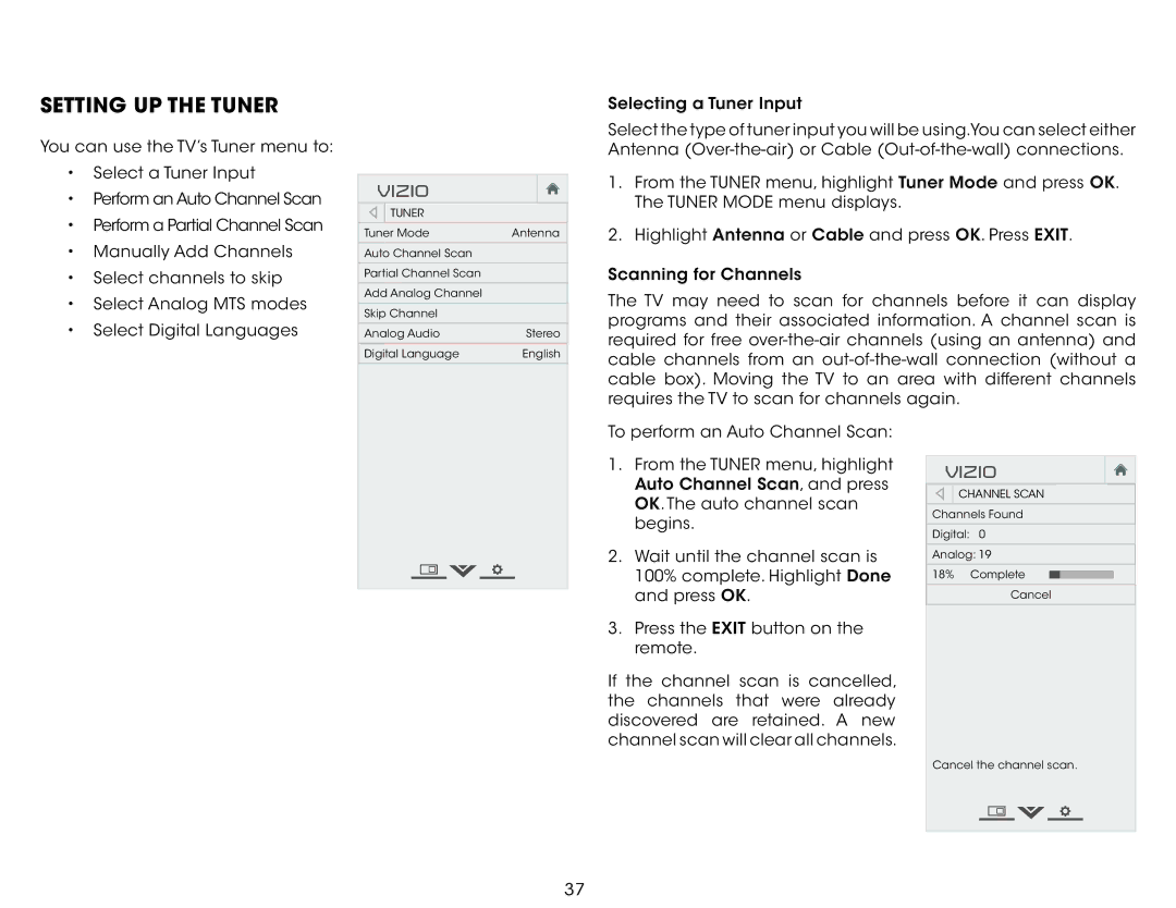 Vizio E390i-B1 user manual Setting Up the Tuner 