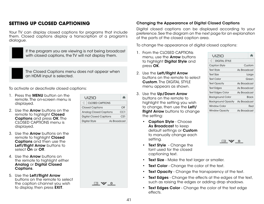 Vizio E390i-B1 user manual Setting Up Closed Captioning 