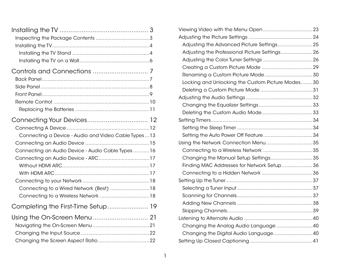 Vizio E390i-B1 user manual Table of Contents 