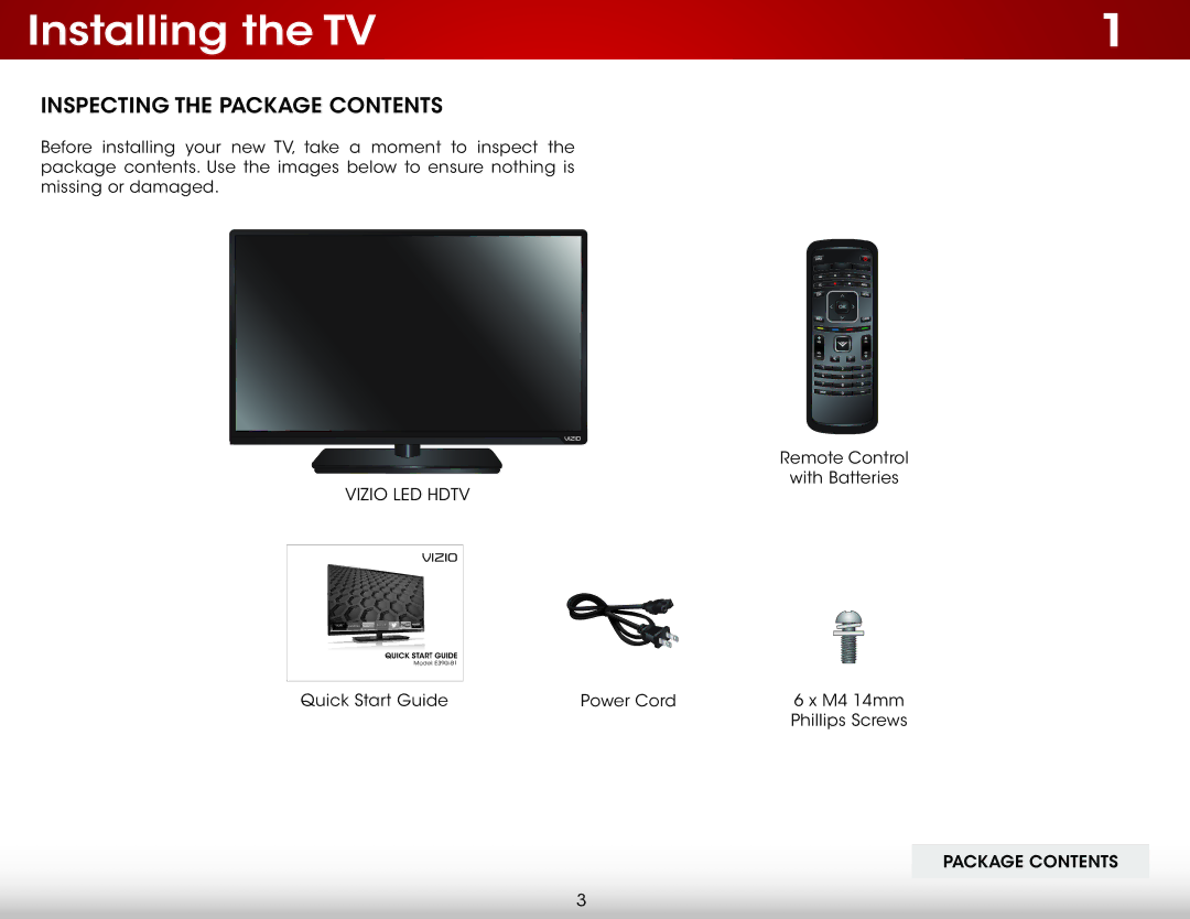 Vizio E390i-B1 user manual Installing the TV, Inspecting the Package Contents 