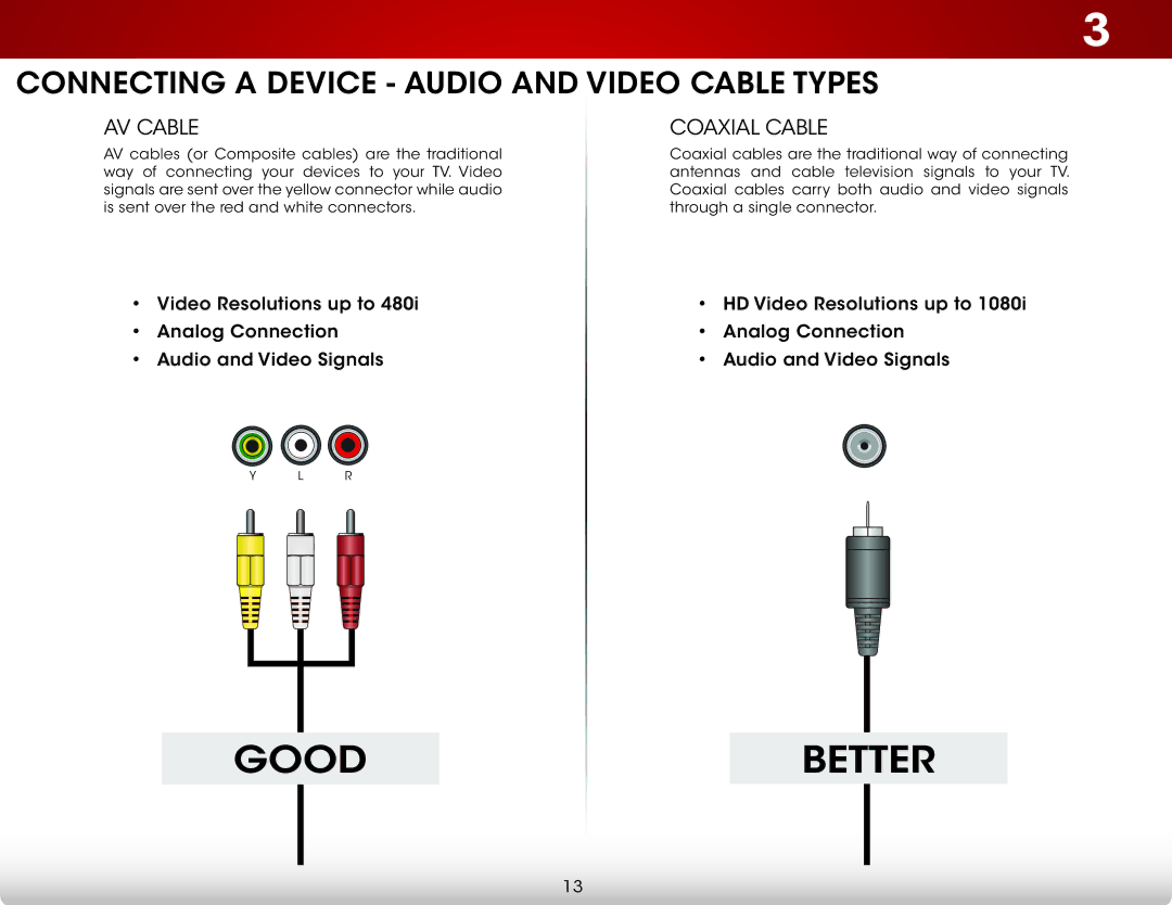 Vizio E390i-B1E user manual Connecting a Device Audio and Video Cable Types, AV Cable Coaxial Cable 