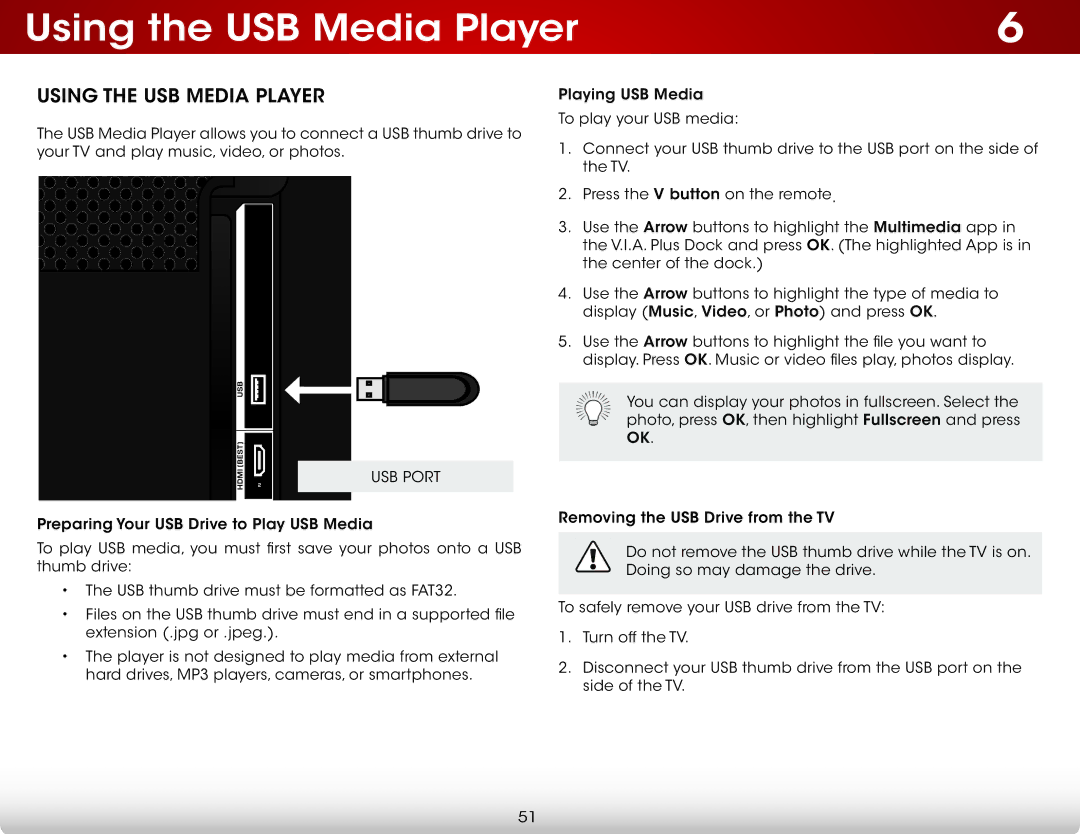 Vizio E390i-B1E user manual Using the USB Media Player, USB Port 