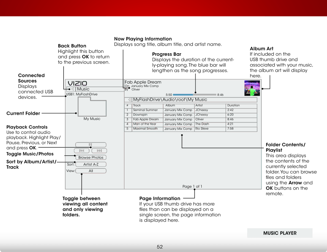 Vizio E390i-B1E user manual Vizio, Music Player 