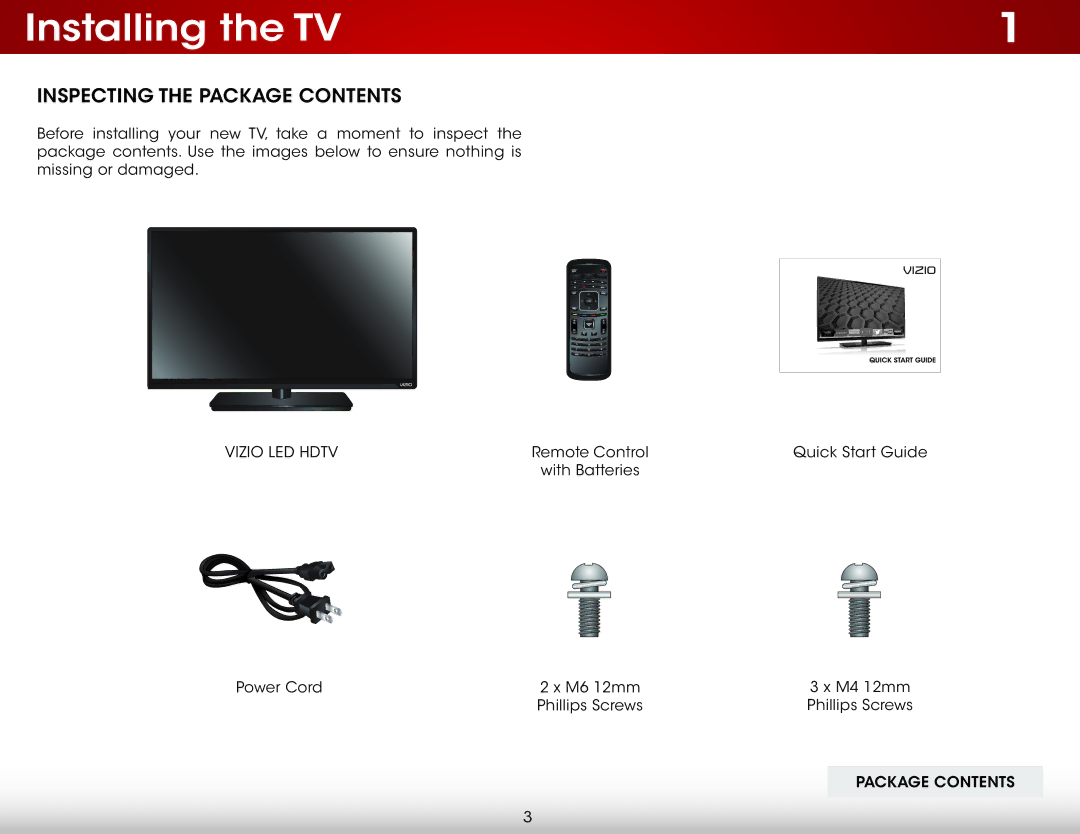 Vizio E390i-B1E user manual Installing the TV, Inspecting the Package Contents 