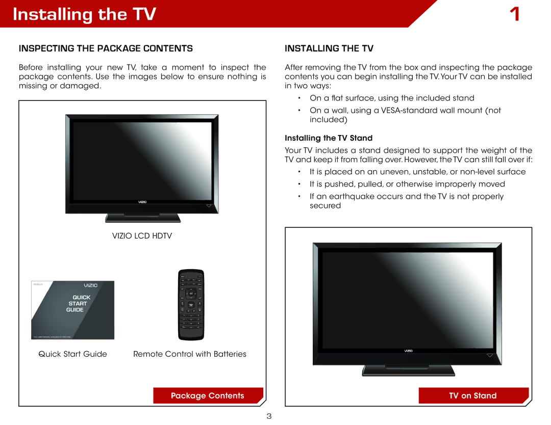 Vizio E3D470VX, E3D320VX, E3D420VX, E390VL warranty Installing the TV, Inspecting the Package Contents 