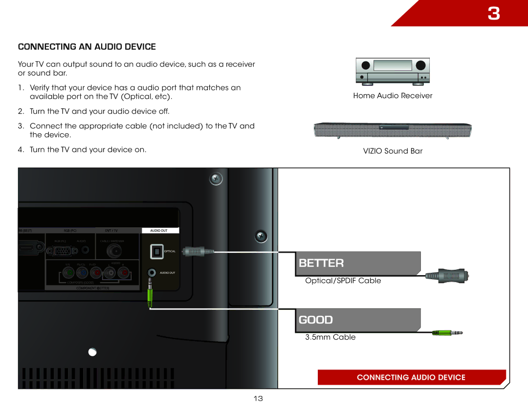 Vizio E3D320VX, E3D420VX, E3D470VX, E390VL warranty Connecting an audio device 