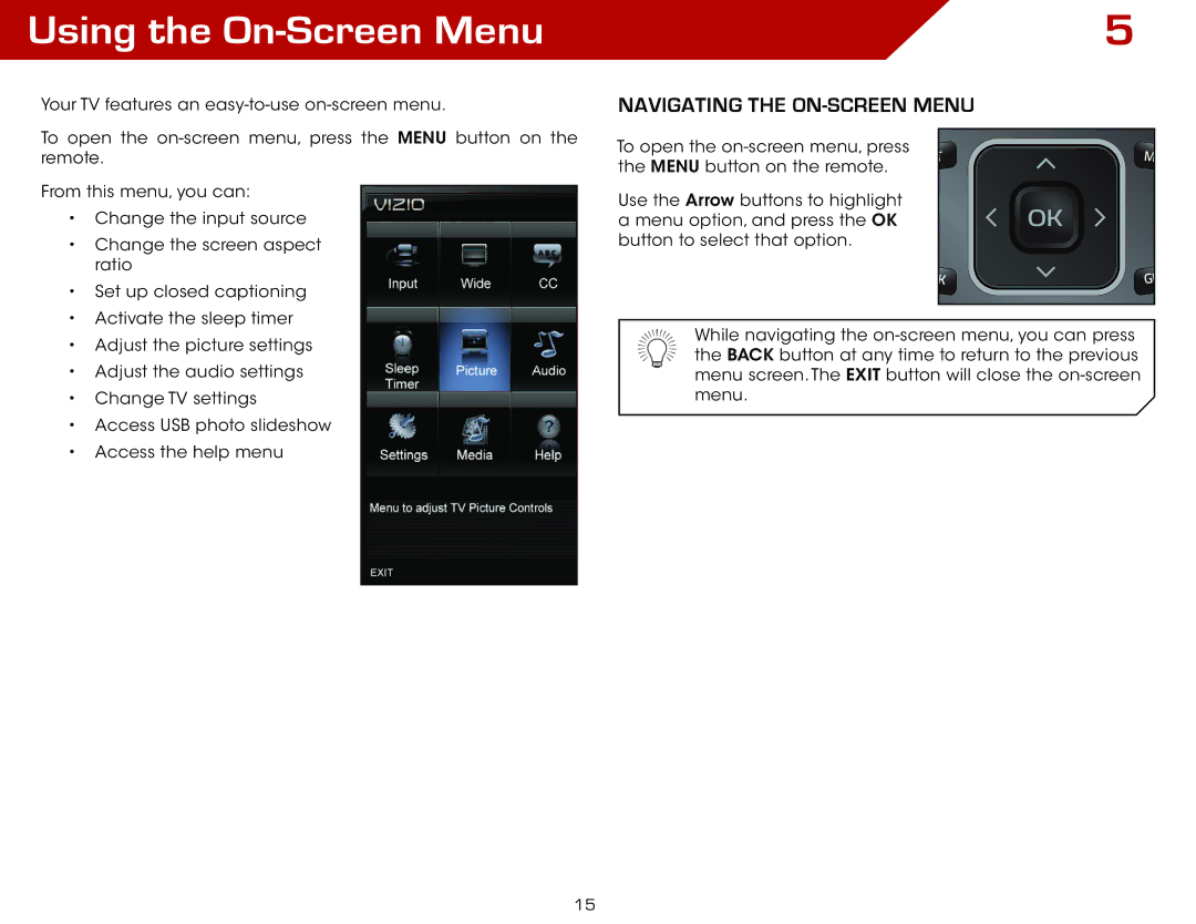 Vizio E3D470VX, E3D320VX, E3D420VX, E390VL warranty Using the On-Screen Menu, Navigating the On-Screen Menu 