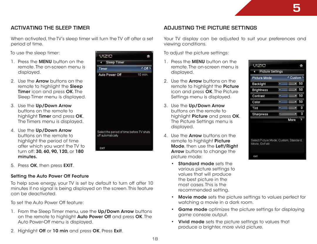 Vizio E3D420VX, E3D320VX, E3D470VX, E390VL warranty Activating the Sleep Timer, Adjusting the Picture Settings 