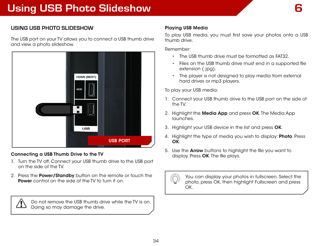 Vizio E3D420VX, E3D320VX, E3D470VX, E390VL warranty Using USB Photo Slideshow, Using USB photo slideshow 