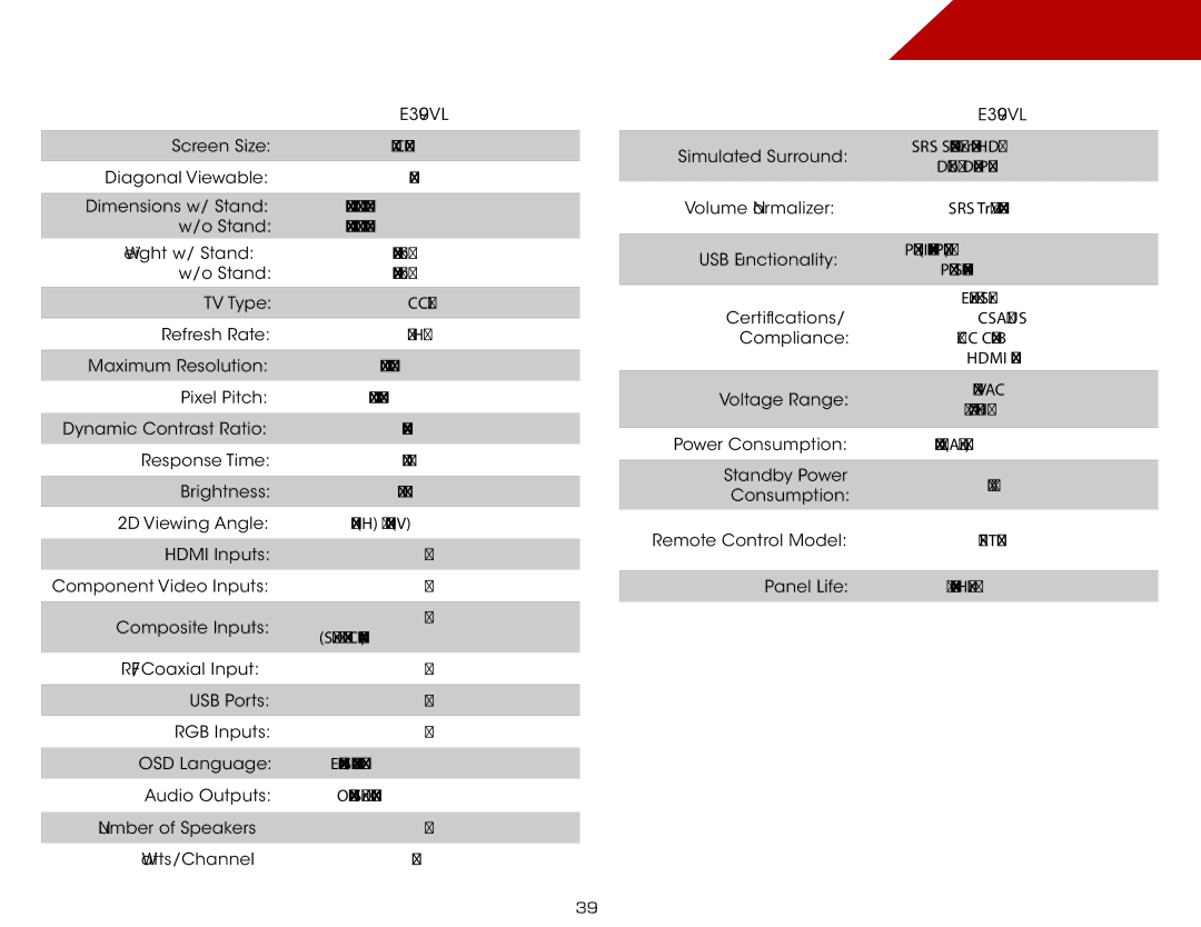 Vizio E3D470VX, E3D320VX, E3D420VX, E390VL warranty Specifications 