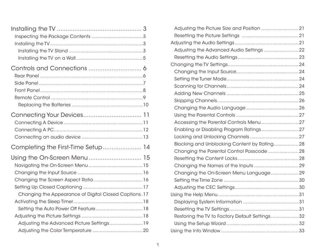 Vizio E3D320VX, E3D420VX, E3D470VX, E390VL warranty Table of Contents 