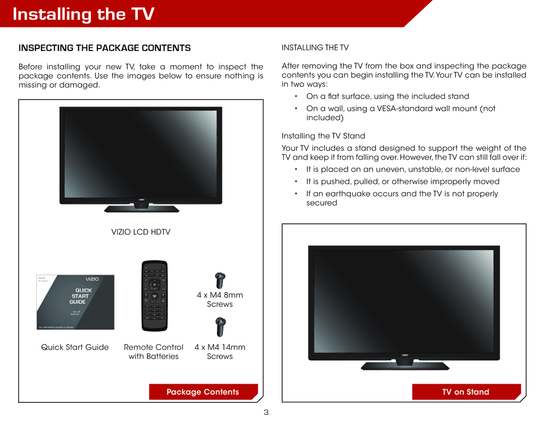 Vizio E3D470VX, E3D320VX, E3D420VX, E420VSE warranty Installing the TV, Inspecting the Package Contents 