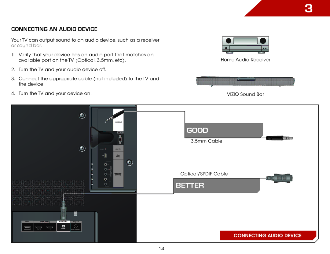 Vizio E3D420VX, E3D320VX, E3D470VX, E420VSE warranty Connecting an Audio Device 