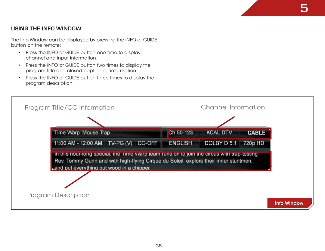 Vizio E3D470VX, E3D320VX, E3D420VX, E420VSE warranty Using the Info Window 