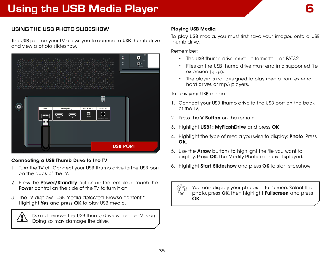 Vizio E420VSE, E3D320VX, E3D420VX, E3D470VX warranty Using the USB Media Player, Using the USB Photo slideshow 