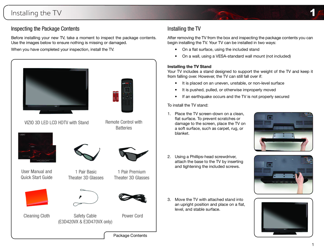 Vizio E3D420VX, E3D320VX, E3D470VX user manual Installing the TV, Inspecting the Package Contents 