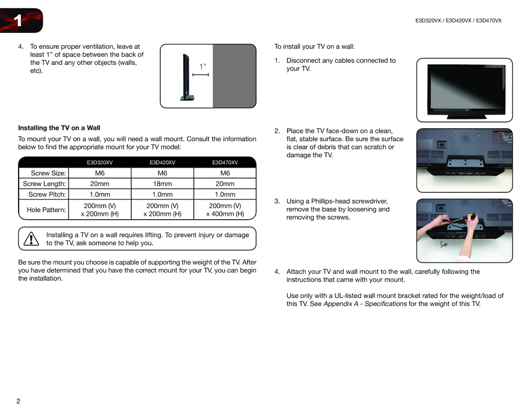 Vizio E3D470VX, E3D320VX, E3D420VX user manual Installing the TV on a Wall 