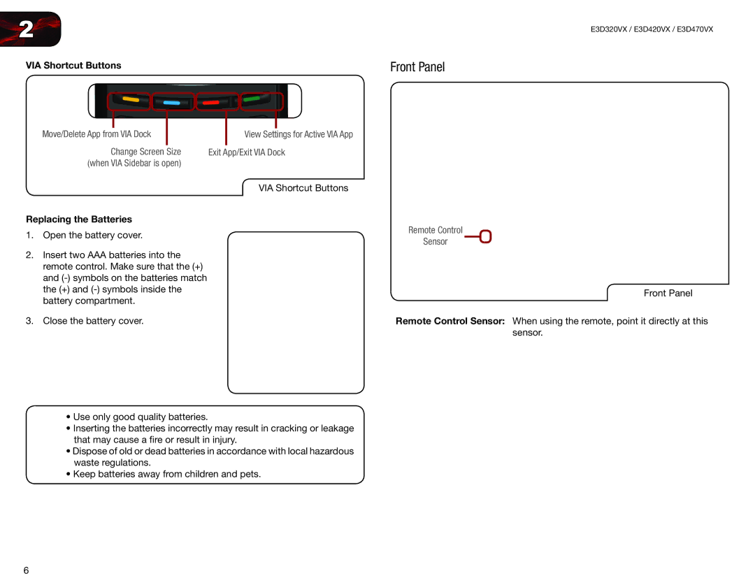 Vizio E3D320VX, E3D420VX, E3D470VX user manual Front Panel, VIA Shortcut Buttons, Replacing the Batteries 