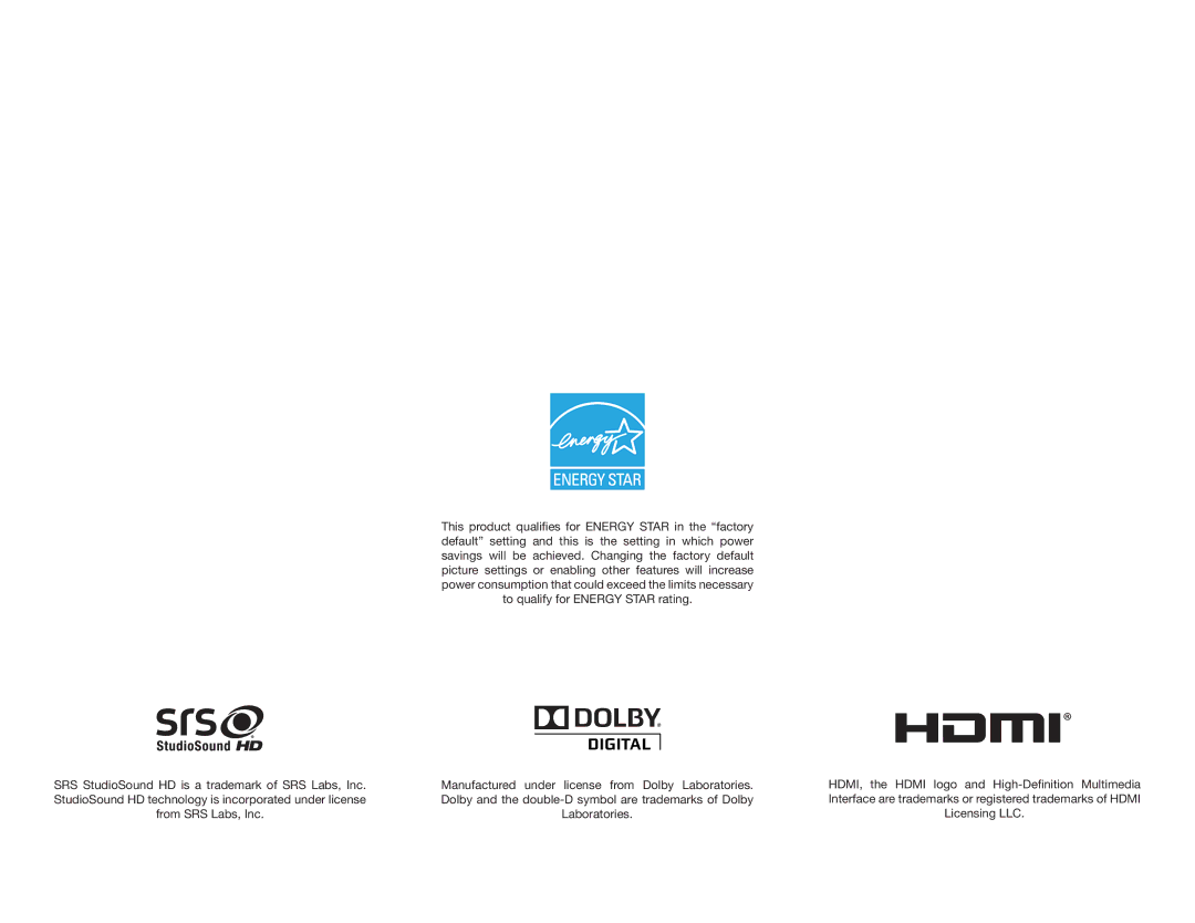 Vizio E3D470VX, E3D320VX, E3D420VX user manual Dolby and the double-D symbol are trademarks of Dolby 