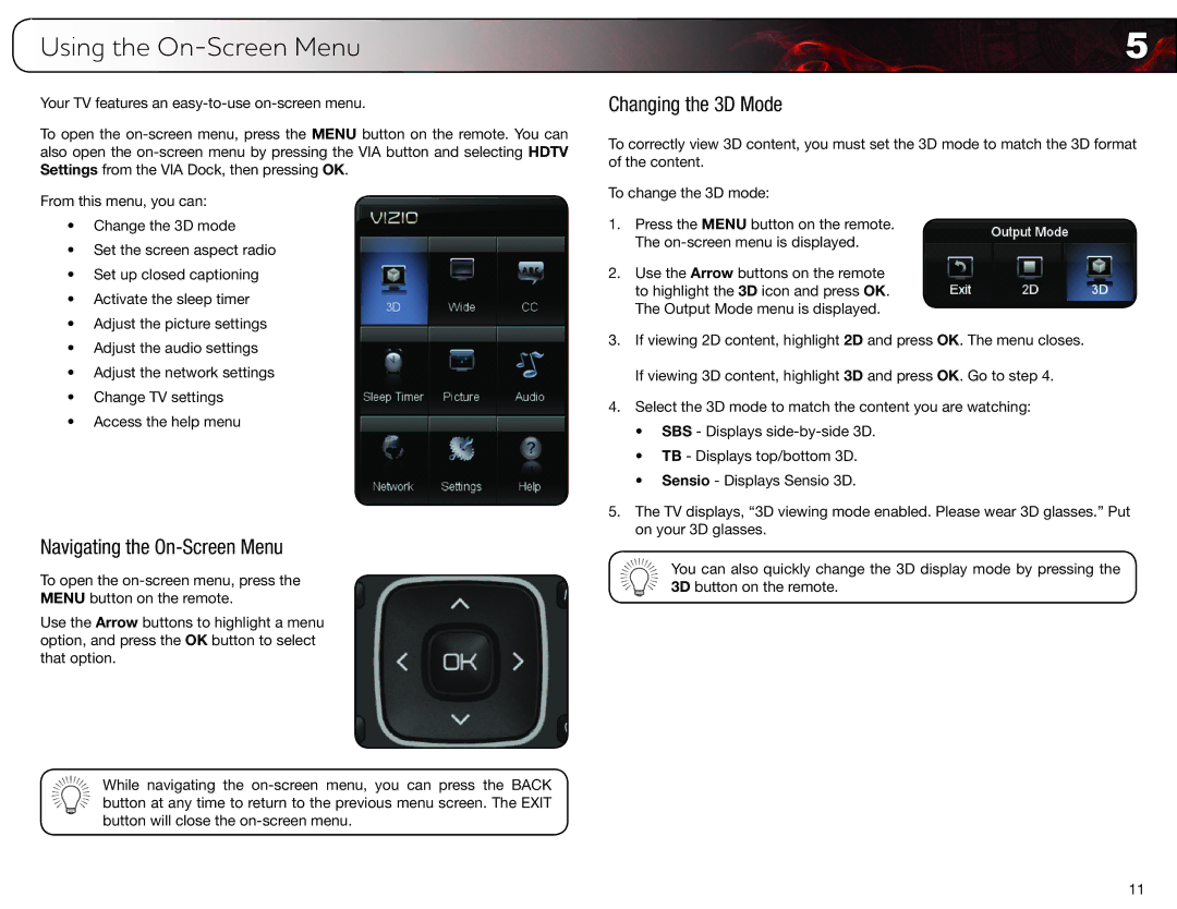 Vizio E3D470VX, E3D320VX, E3D420VX user manual Using the On-Screen Menu, Navigating the On-Screen Menu, Changing the 3D Mode 