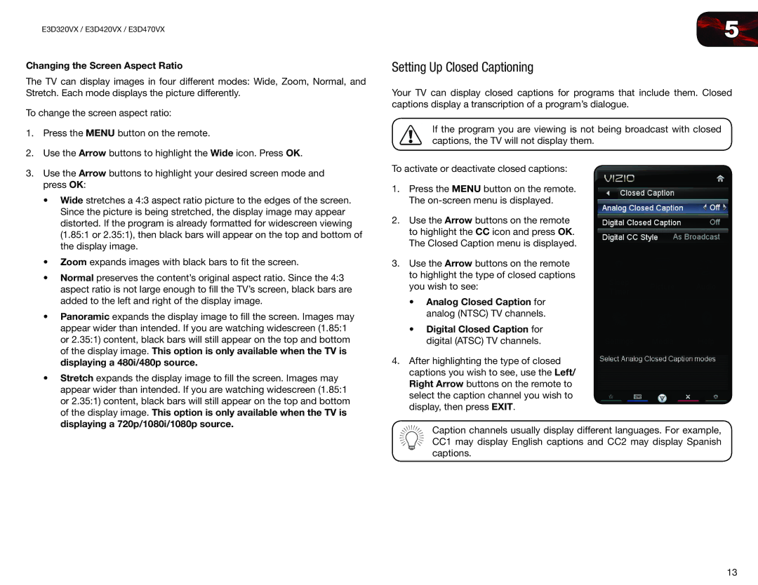 Vizio E3D420VX, E3D320VX, E3D470VX user manual Setting Up Closed Captioning, Changing the Screen Aspect Ratio 