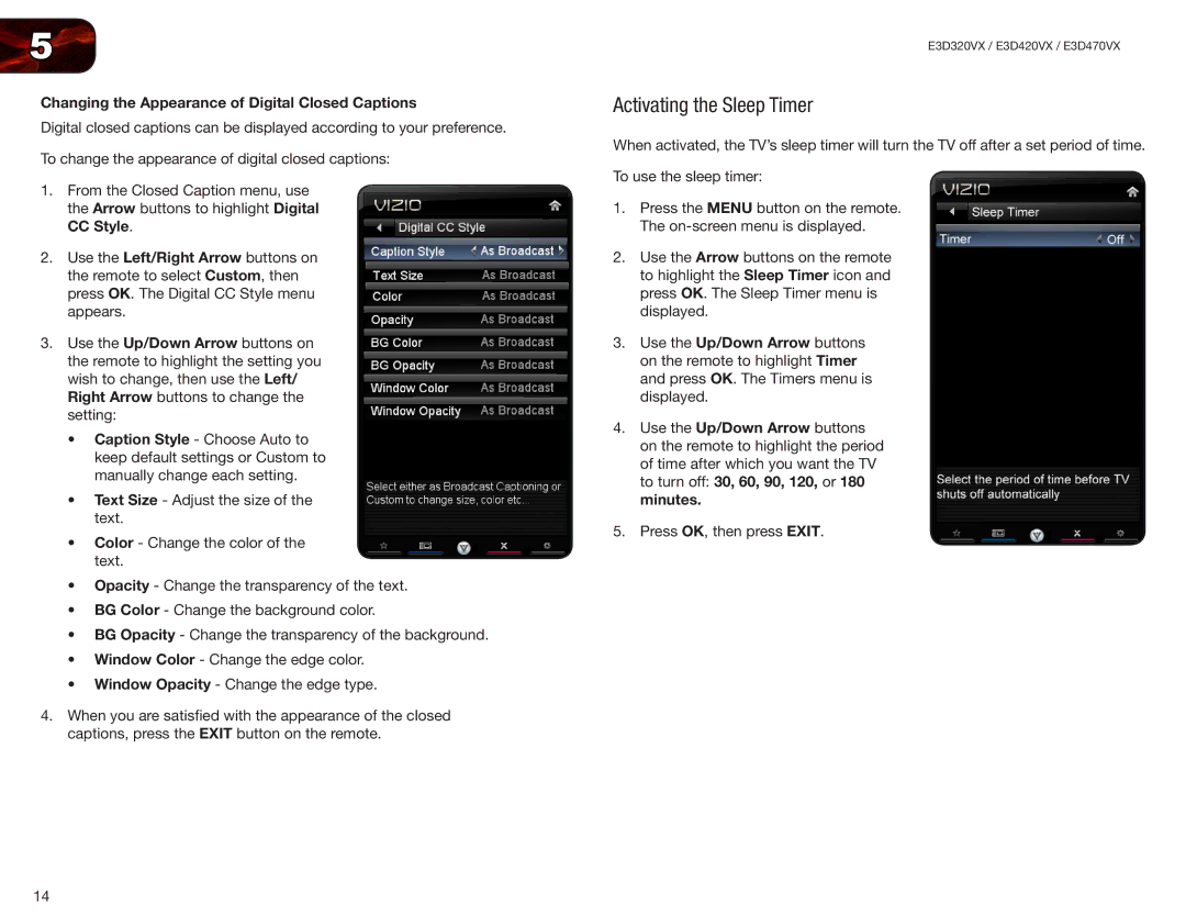 Vizio E3D470VX, E3D320VX, E3D420VX user manual Activating the Sleep Timer, Changing the Appearance of Digital Closed Captions 