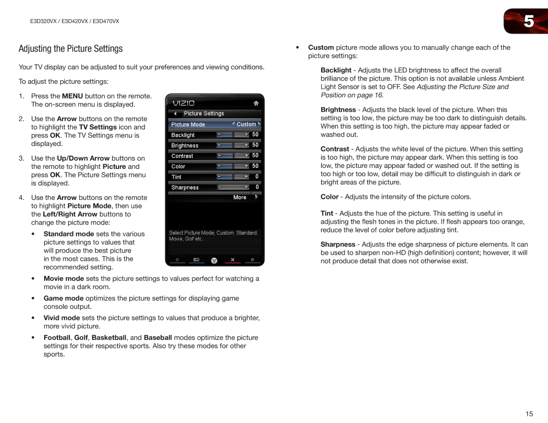 Vizio E3D320VX, E3D420VX, E3D470VX user manual Adjusting the Picture Settings 