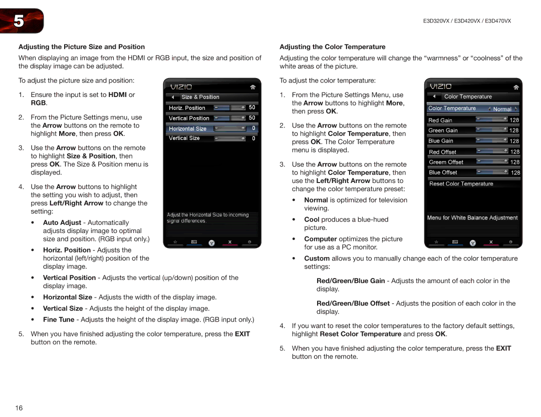 Vizio E3D420VX, E3D320VX, E3D470VX user manual Adjusting the Picture Size and Position, Adjusting the Color Temperature 