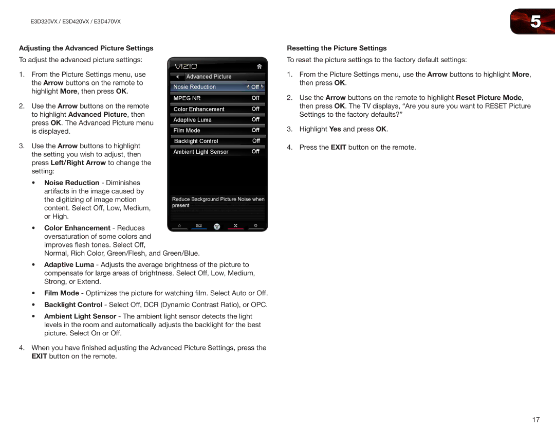 Vizio E3D470VX, E3D320VX, E3D420VX user manual Adjusting the Advanced Picture Settings, Resetting the Picture Settings 