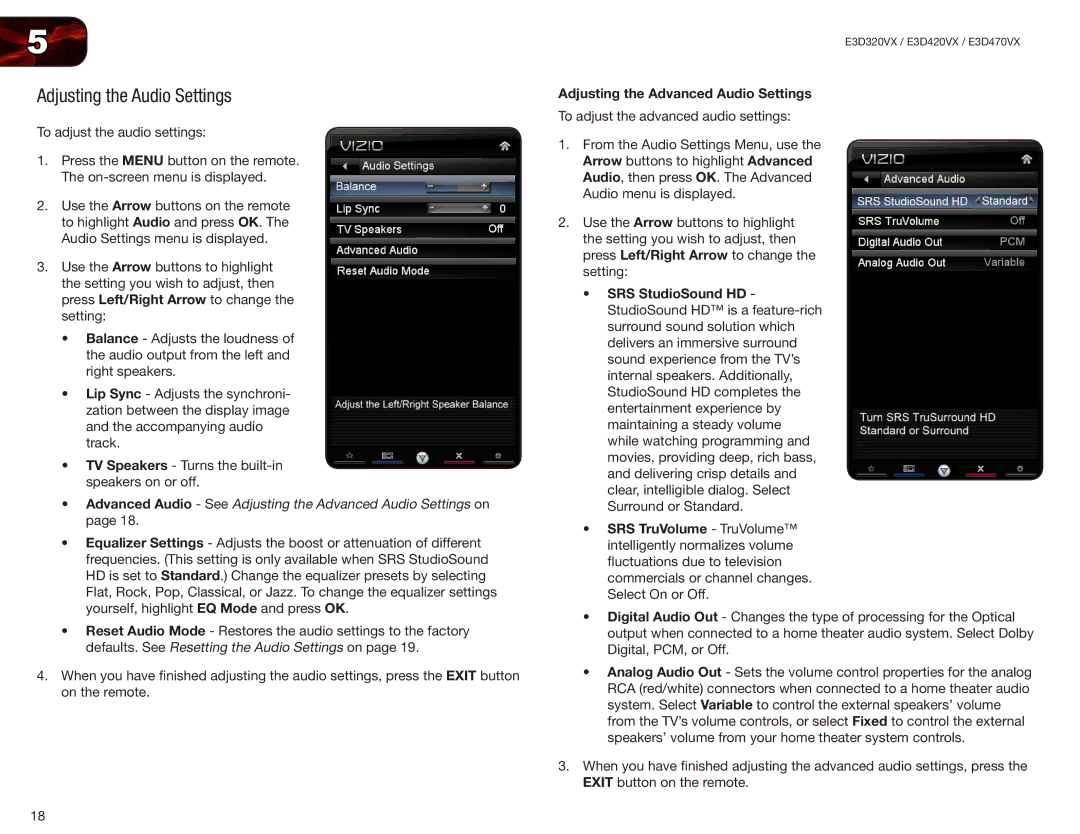 Vizio E3D320VX, E3D420VX, E3D470VX user manual Adjusting the Audio Settings, Adjusting the Advanced Audio Settings 