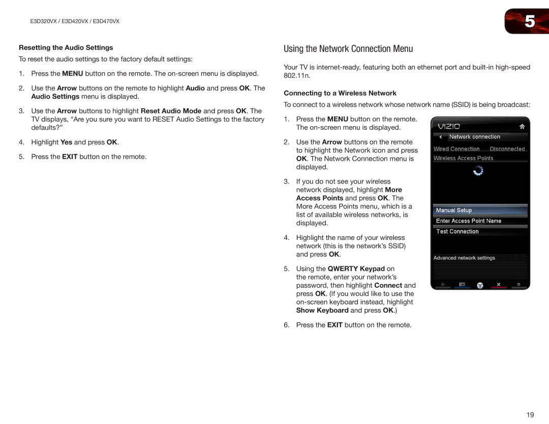 Vizio E3D420VX, E3D320VX, E3D470VX user manual Using the Network Connection Menu, Resetting the Audio Settings 