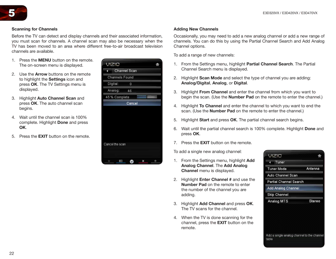 Vizio E3D420VX, E3D320VX, E3D470VX user manual Scanning for Channels, Adding New Channels 