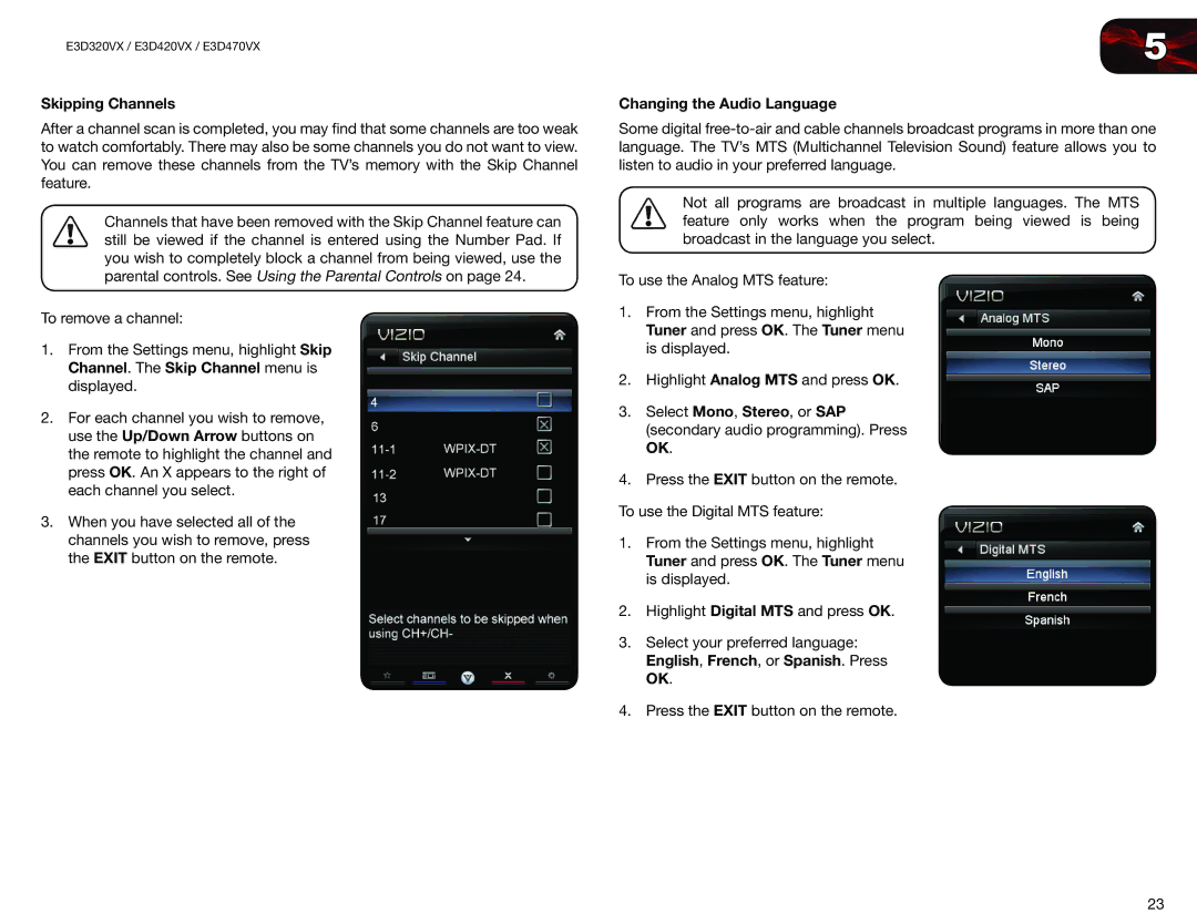 Vizio E3D470VX, E3D320VX, E3D420VX user manual Skipping Channels, Changing the Audio Language 