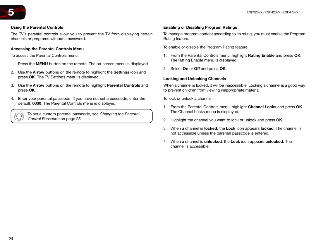 Vizio E3D320VX Using the Parental Controls, Accessing the Parental Controls Menu, Enabling or Disabling Program Ratings 