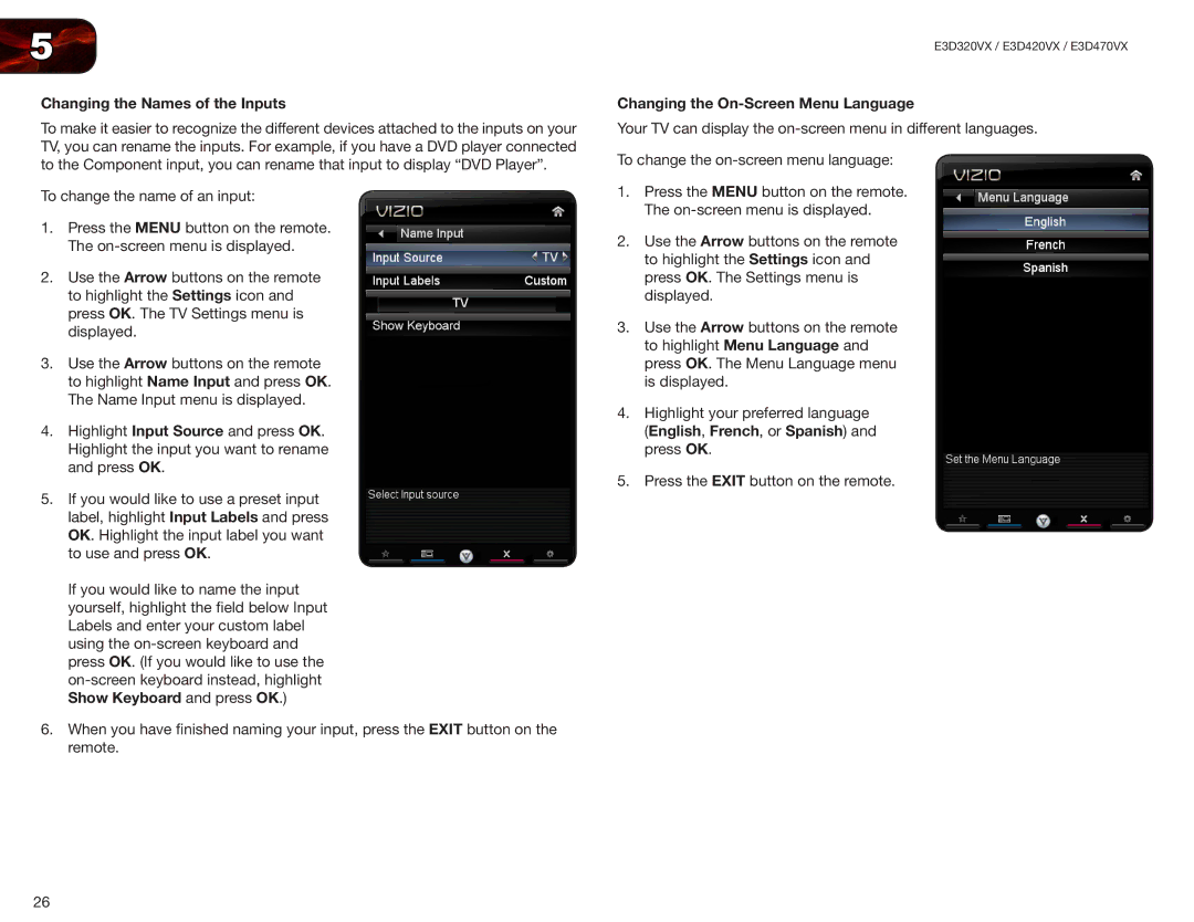 Vizio E3D470VX, E3D320VX, E3D420VX user manual Changing the Names of the Inputs, Changing the On-Screen Menu Language 