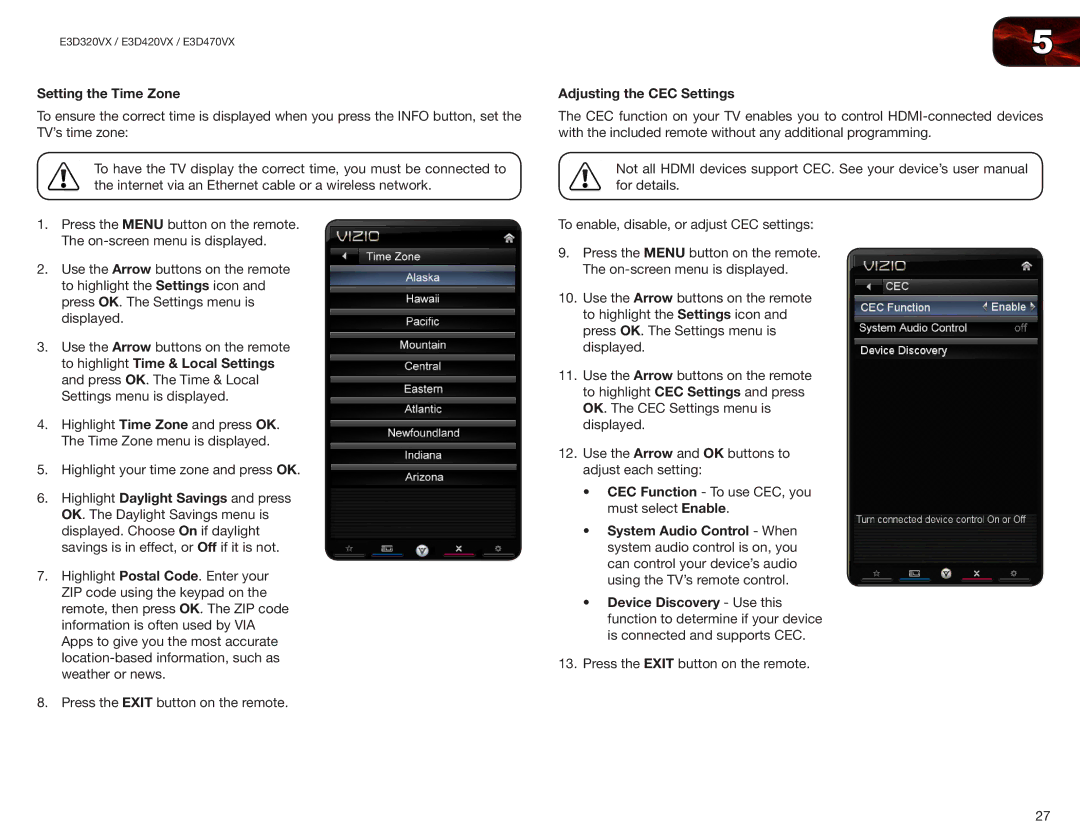 Vizio E3D320VX, E3D420VX, E3D470VX user manual Setting the Time Zone, Adjusting the CEC Settings 