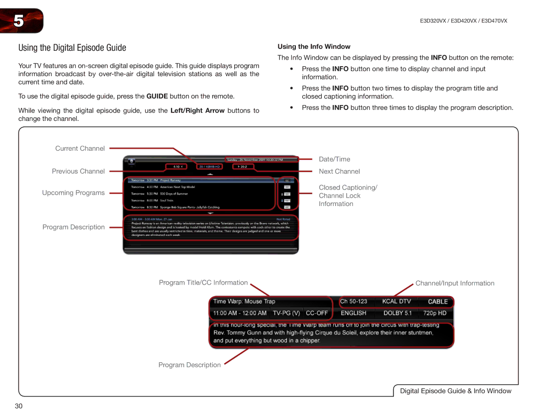 Vizio E3D320VX, E3D420VX, E3D470VX user manual Using the Digital Episode Guide, Using the Info Window 