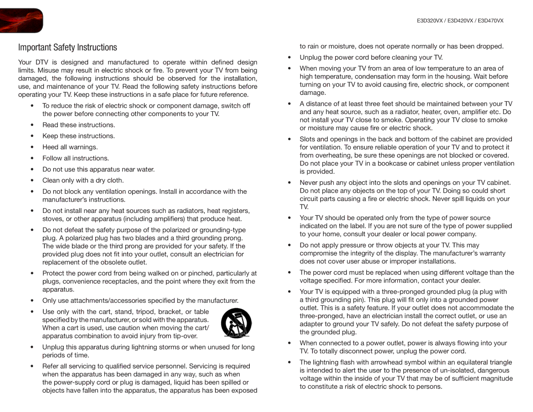 Vizio E3D420VX, E3D320VX, E3D470VX user manual Important Safety Instructions 