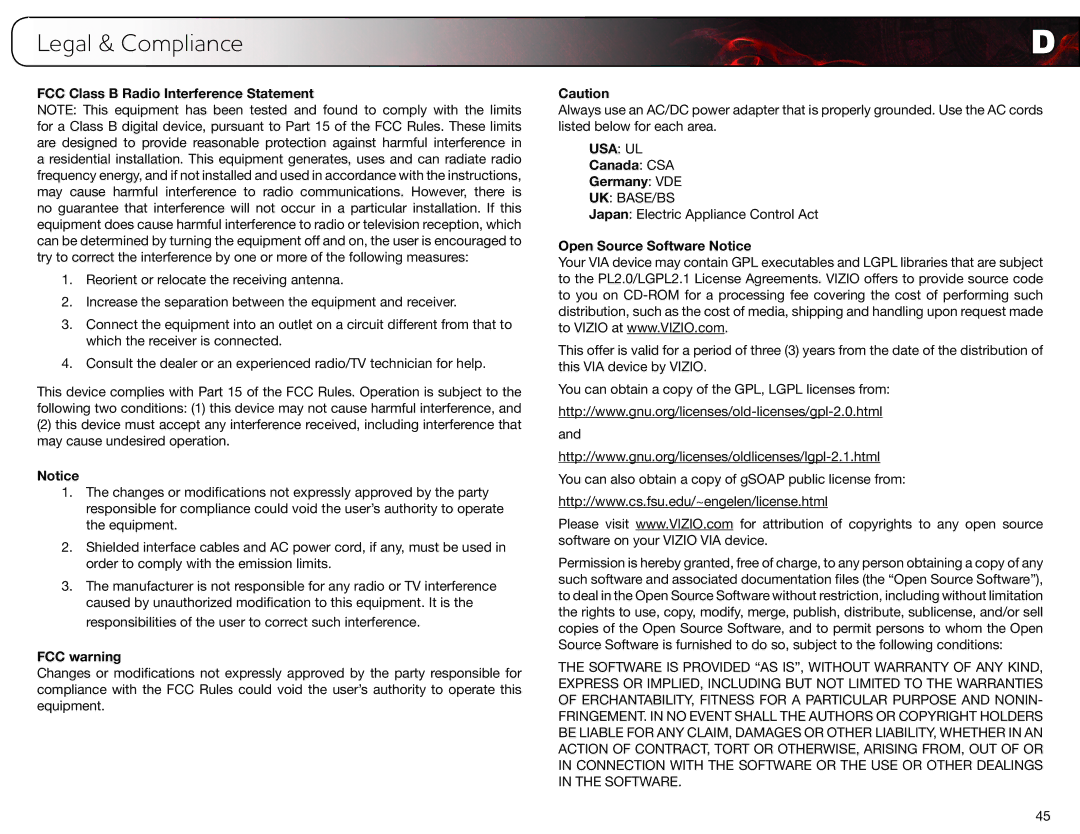 Vizio E3D320VX, E3D420VX Legal & Compliance, FCC Class B Radio Interference Statement, FCC warning, Canada CSA Germany VDE 