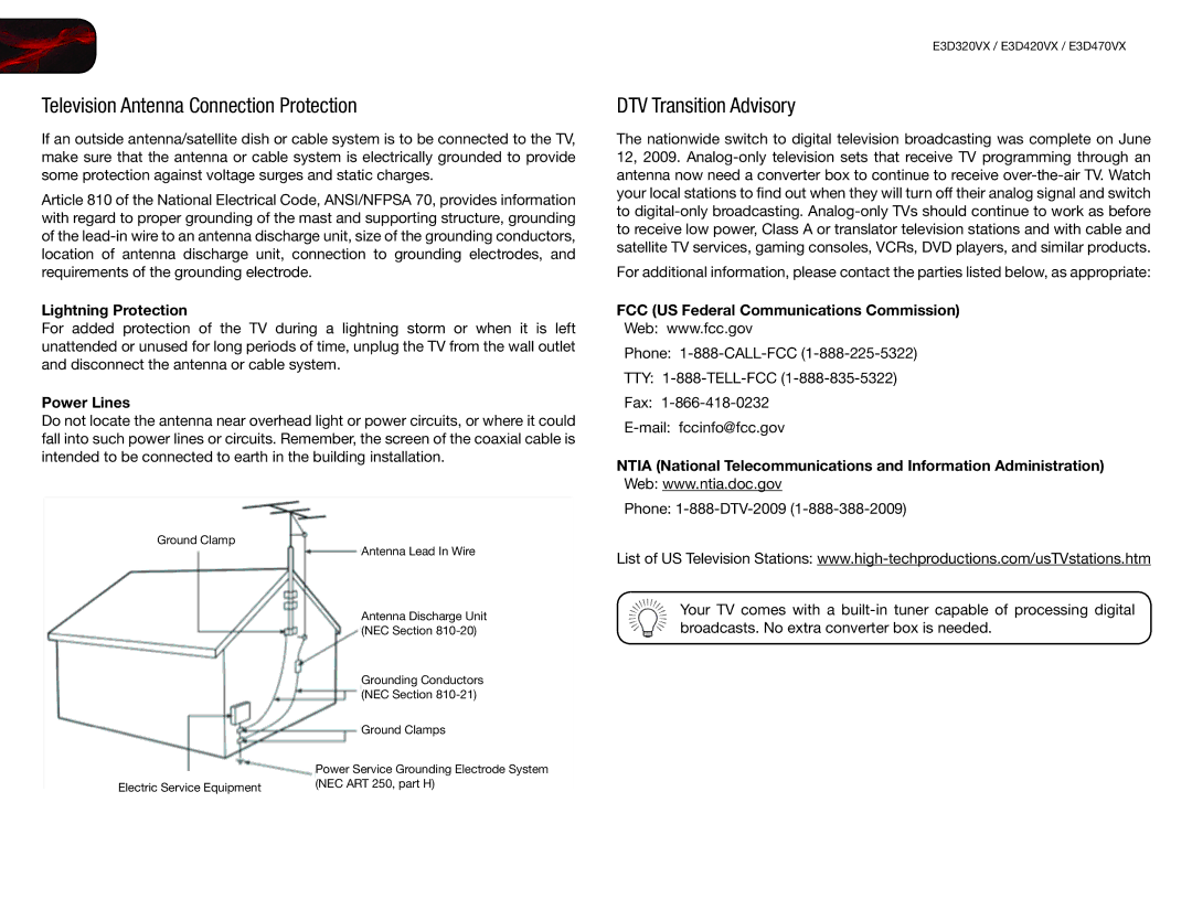 Vizio E3D320VX Television Antenna Connection Protection, DTV Transition Advisory, Lightning Protection, Power Lines 